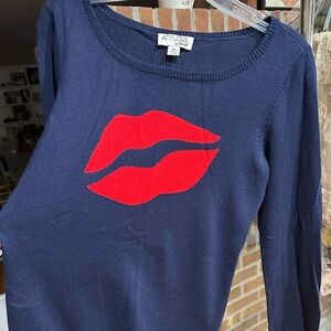 Womens navy with red lips long sleeve sweater